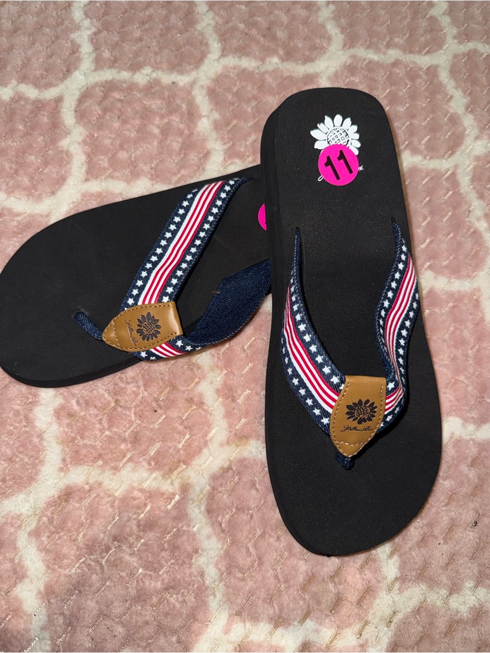 Yellow Box Black Flip Flop Sandals with American Flag Strap Accents
